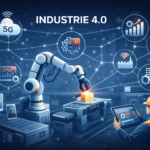 Schéma moderne illustrant l'industrie 4.0 avec robotique, intelligence artificielle et empreinte humaine.