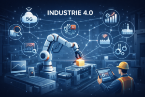 Schéma moderne illustrant l'industrie 4.0 avec robotique, intelligence artificielle et empreinte humaine.