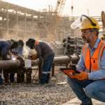Un responsable HSE en tenue de sécurité supervisant un chantier.