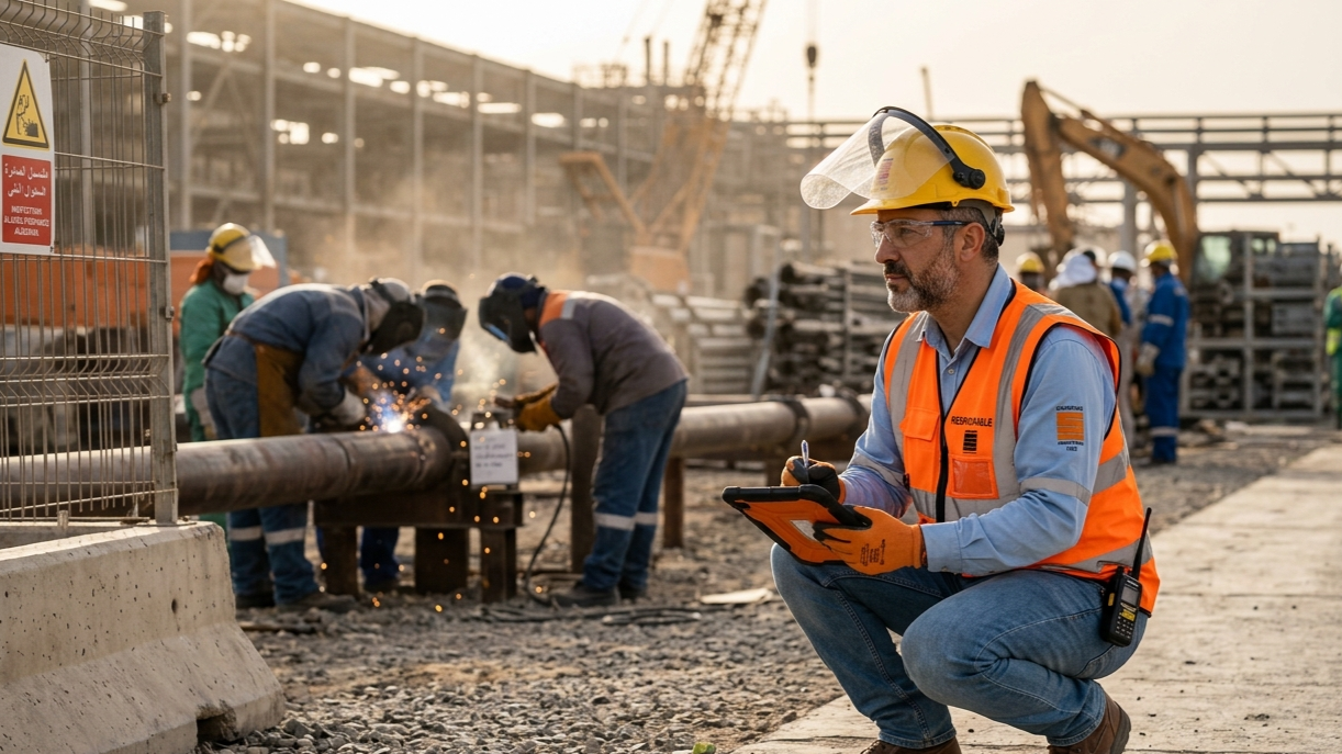 Un responsable HSE en tenue de sécurité supervisant un chantier.
