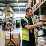 Gestionnaire de stock entrain de scanner des bordereaux de livraison dans un entrepôt.