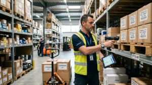 Gestionnaire de stock entrain de scanner des bordereaux de livraison dans un entrepôt.
