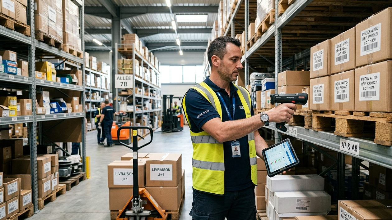 Gestionnaire de stock entrain de scanner des bordereaux de livraison dans un entrepôt.