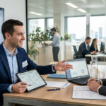 Ingénieur commercial faisant une présentation à un client dans un bureau moderne et lumineux.
