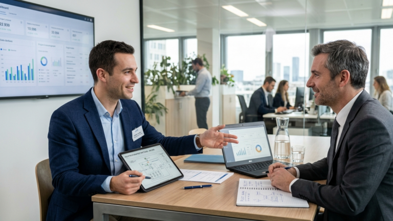 Ingénieur commercial faisant une présentation à un client dans un bureau moderne et lumineux.