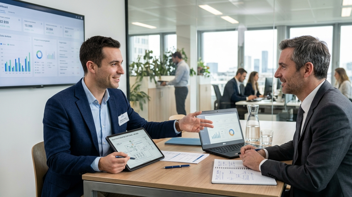 Ingénieur commercial faisant une présentation à un client dans un bureau moderne et lumineux.