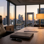 Bureau d'un cadre dirigeant avec vue sur le quartier d'affaires de La Défense au coucher du soleil