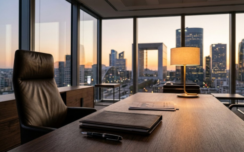 Bureau d'un cadre dirigeant avec vue sur le quartier d'affaires de La Défense au coucher du soleil