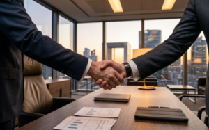Recrutement confidentiel : poignée de main entre deux dirigeants dans un bureau feutré
