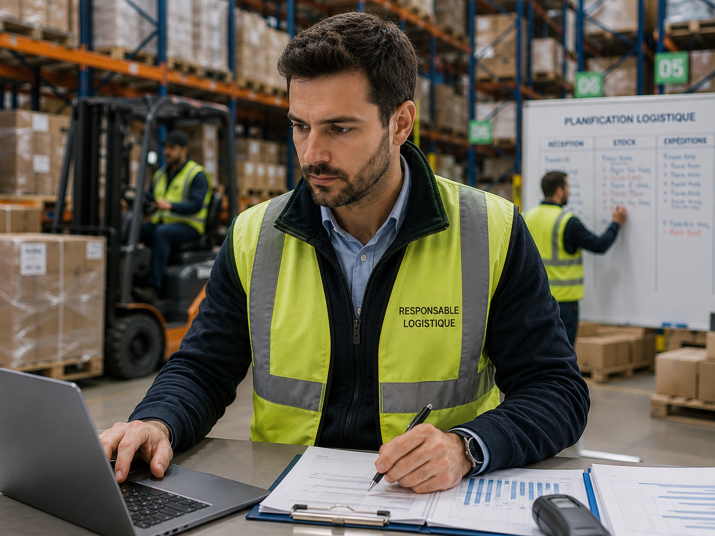 Responsable logistique en action dans l'entrepôt