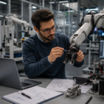 Ingénieur ajustant un bras robotique