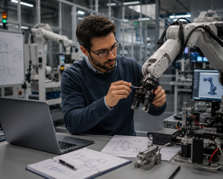 Ingénieur ajustant un bras robotique