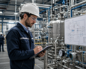 Technicien inspectant une usine industrielle